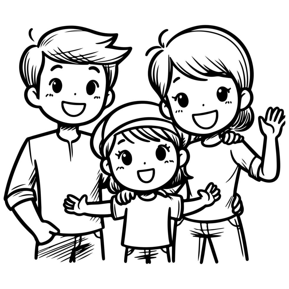 niño dibujo contento familia dibujos animados personaje contorno garabatear para colorante libro página vector ilustración en blanco antecedentes