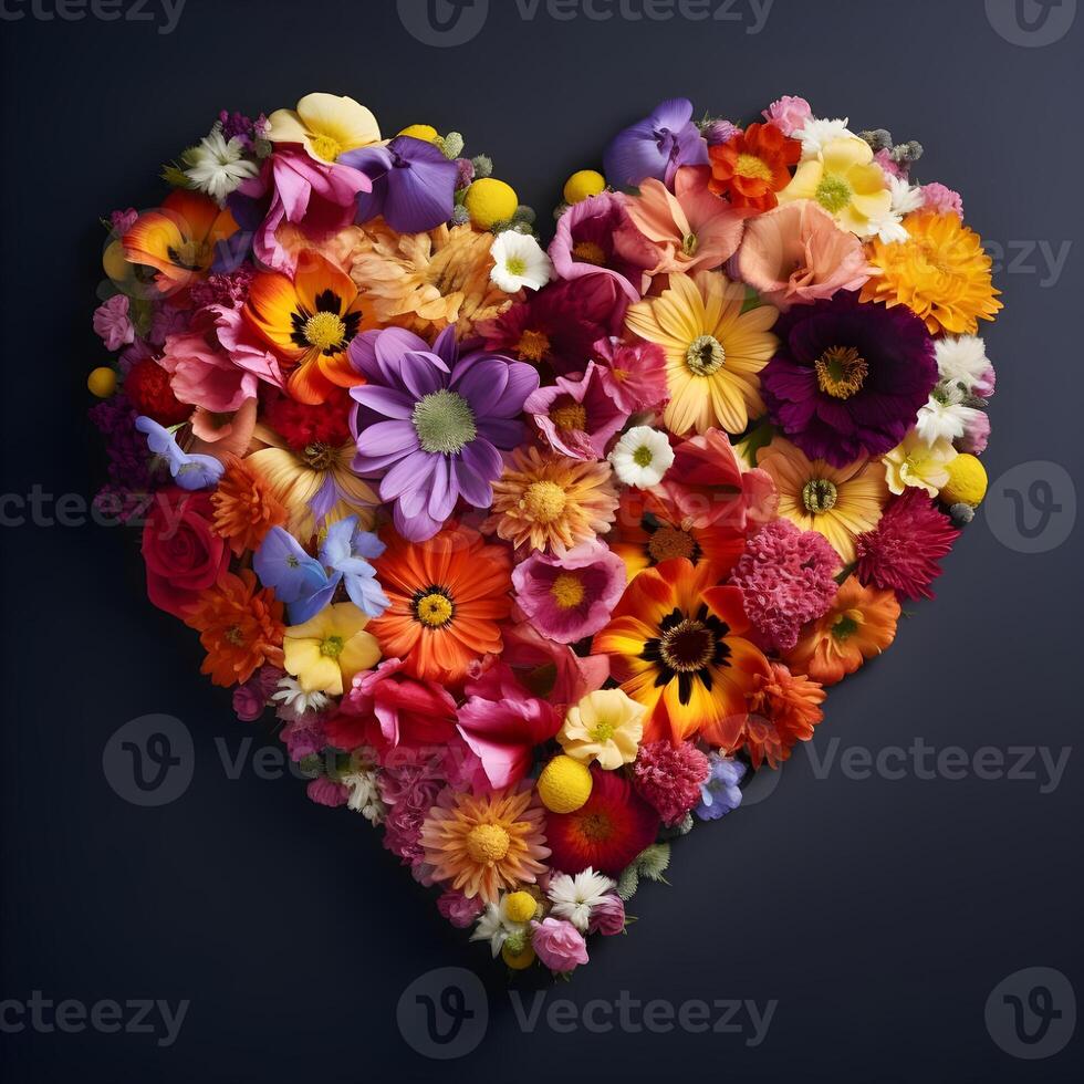 AI generated Floral valentine, love and flowers. Heart shape made in flowers and flower petals. Valentine's day eco friendly green concept, flat lay. photo