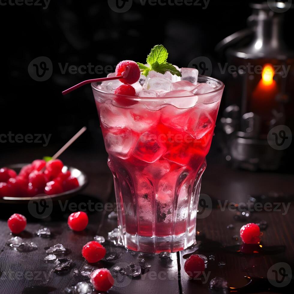 AI generated Fresh cherry juice with berries. Glass of red berry cold alcohol cocktail with cherry, slice of orange and straw on elegant dark brown background. photo