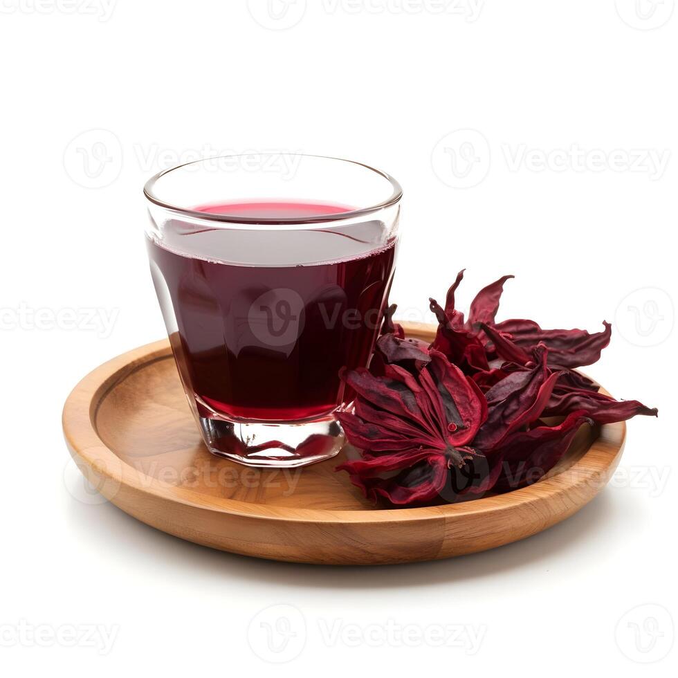 AI generated Closeup glass of roselle juice tea and fresh red Roselle fruit isolated on white background. photo