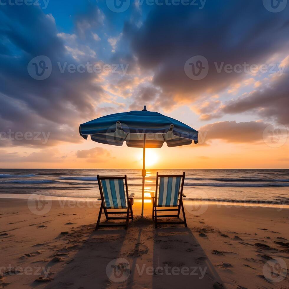 ai generado romántico playa paisaje. Pareja sillas paraguas puesta de sol amanecer vistoso cielo nubes sueño playa Luna de miel vacaciones. mejor amor destino viajes. increíble ocio relajarse bienestar foto