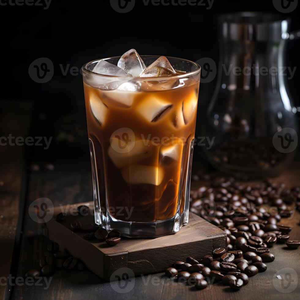 AI generated Cold drink with espresso and tonic in glass on black background. Cold espresso coffee tonic in a glass with ice on a wooden table. photo