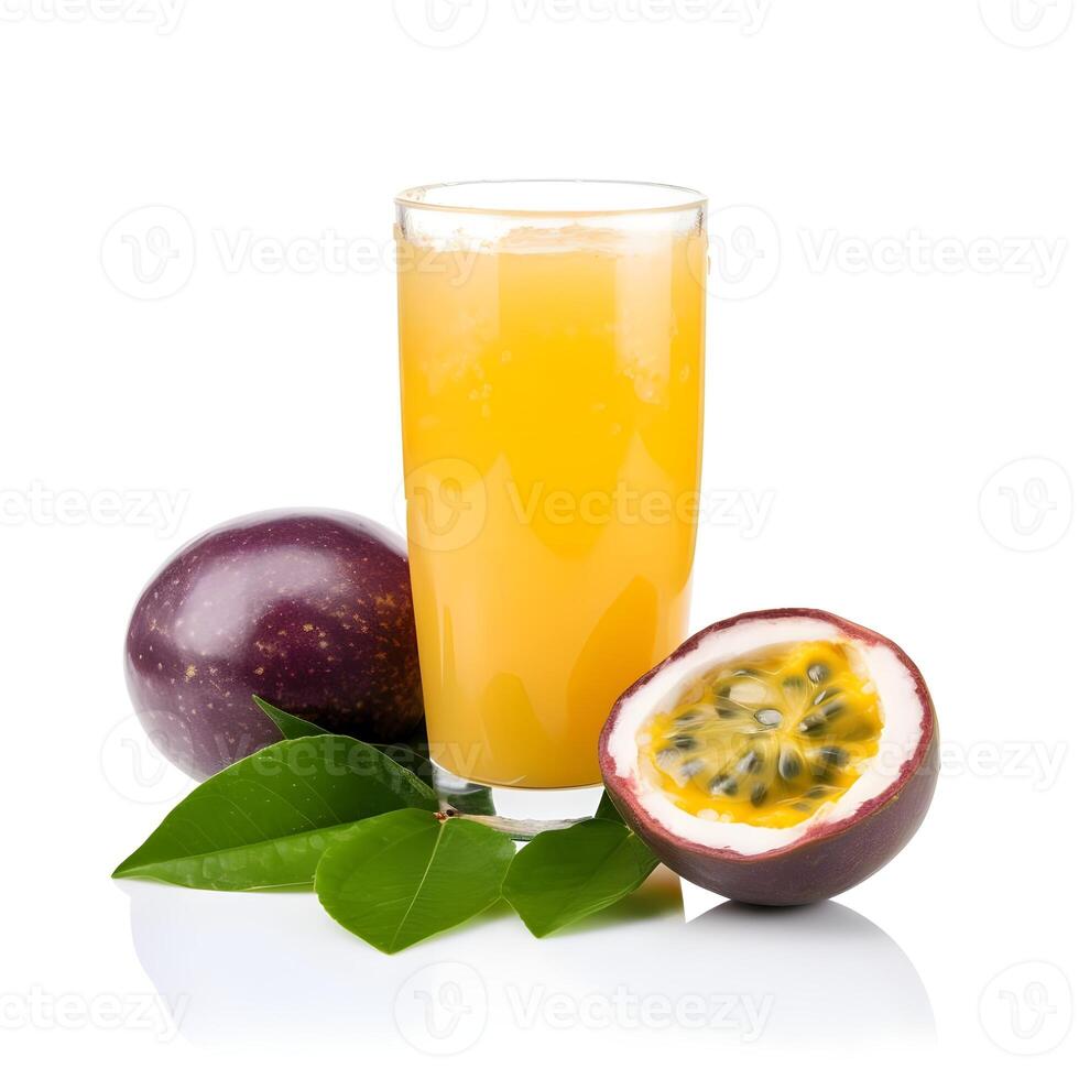 AI generated Passion fruit juice with sliced fresh fruit. Tasty Yellow a Glass of Tangy Passion fruit Isolated on White Background. photo