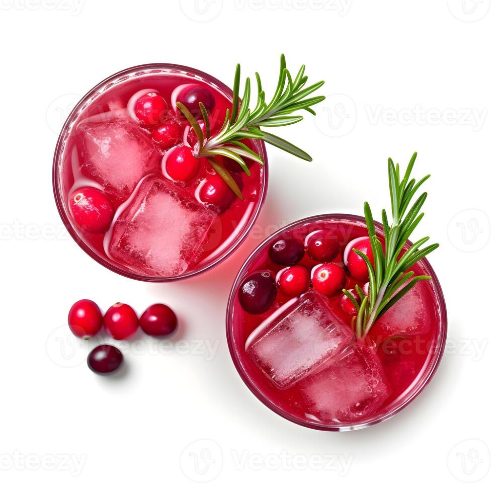 AI generated Tasty refreshing cranberry cocktail isolated on white, top view photo