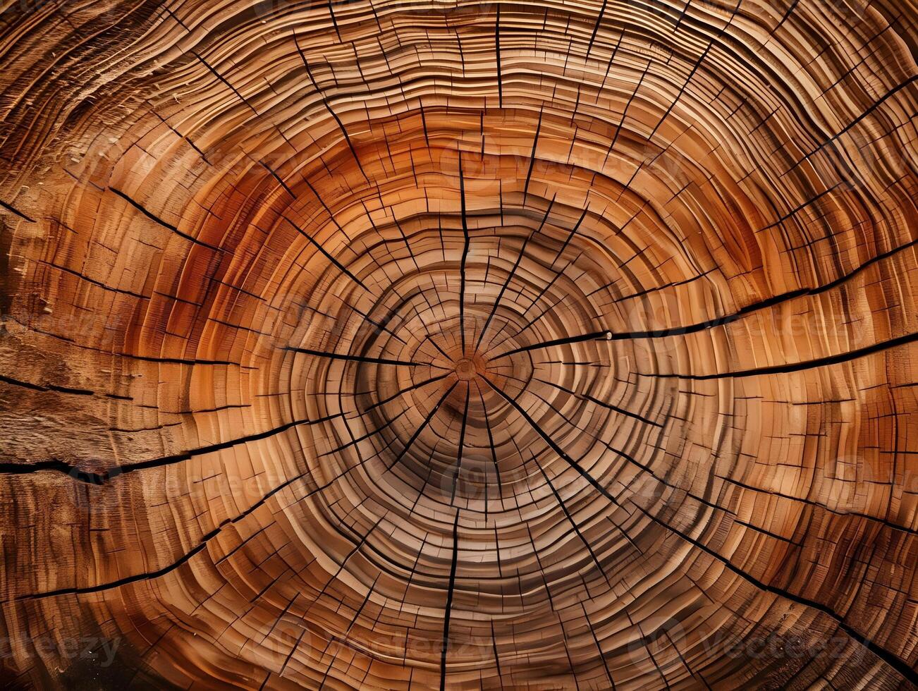 AI generated Old wooden oak tree cut surface. Detailed warm dark brown and orange tones of a felled tree trunk or stump. Rough organic texture of tree rings with close up of end grain. photo