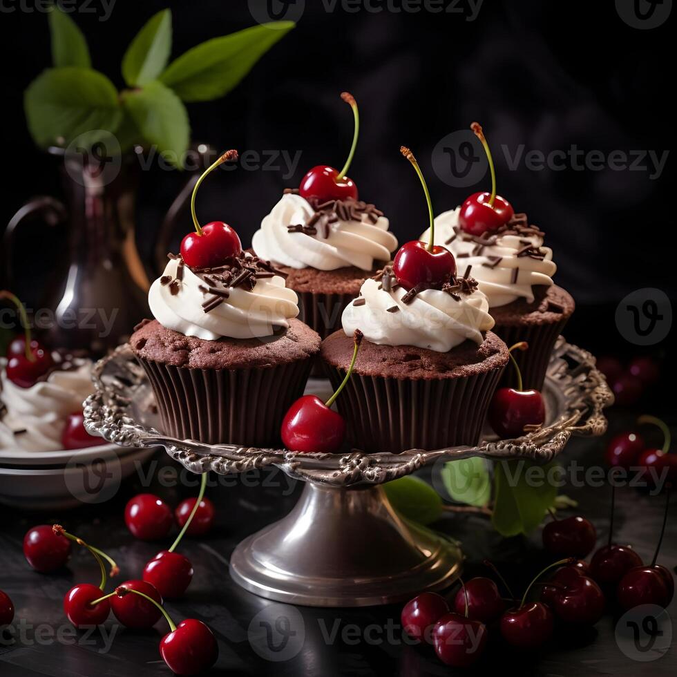 ai generado chocolate magdalena con un cereza. decadente negro bosque pastel, adornado con un generoso adornar de jugoso cerezas, tienta el gusto brotes con sus Rico chocolate capas foto