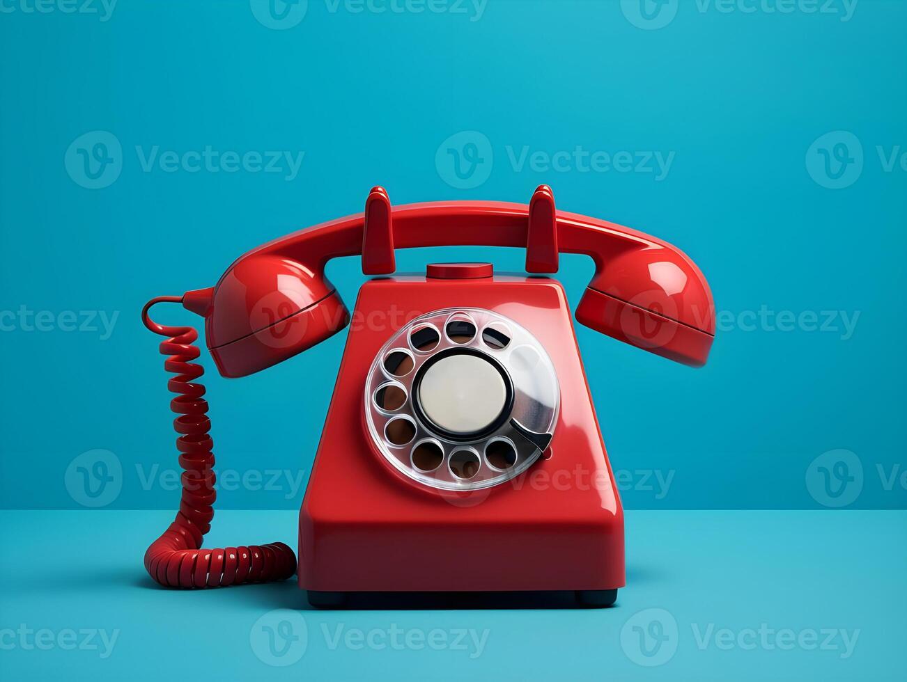 AI generated Old phone on a blue background. Antique phone with a tube. Red telephone with a receiver. Retro telephone photo