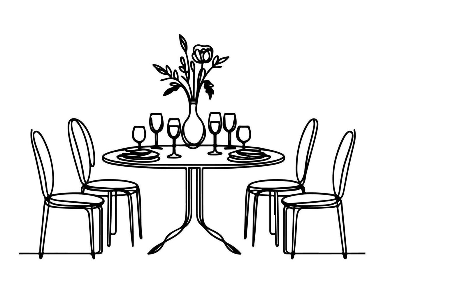 AI generated one continuous black line drawing Dining table and chairs outline doodle vector illustration on white background