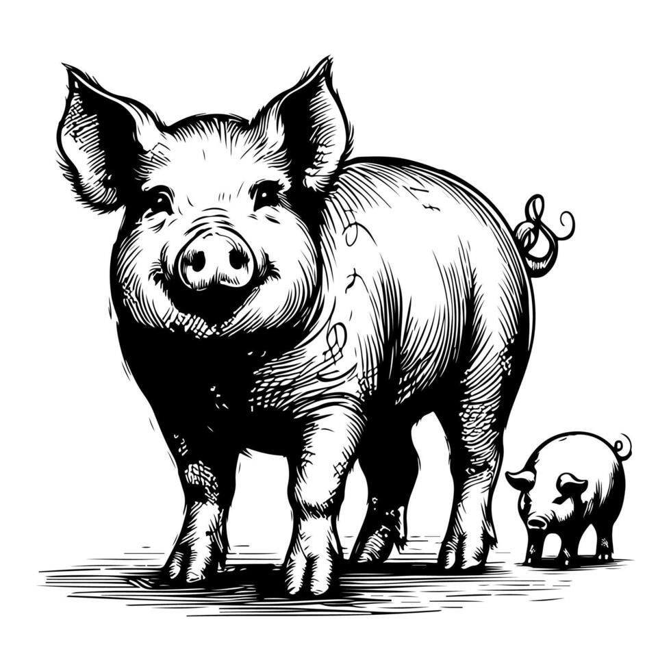 AI generated hand draw black sketch Big fat pig vector illustration isolated on white background