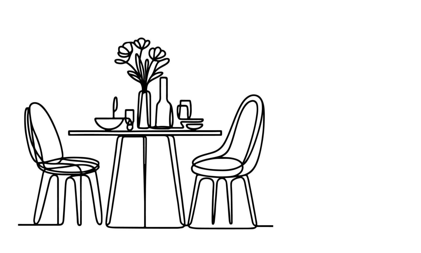 AI generated one continuous black line drawing Dining table and chairs outline doodle vector illustration on white background