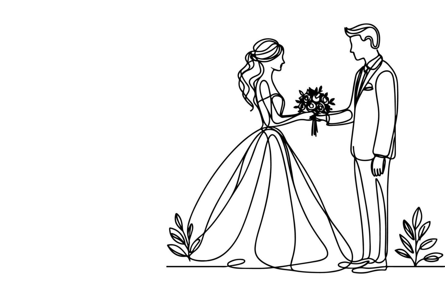 ai generado uno continuo soltero dibujo negro línea Arte garabatear Boda Pareja novia y novio outlne vector ilustración en blanco antecedentes