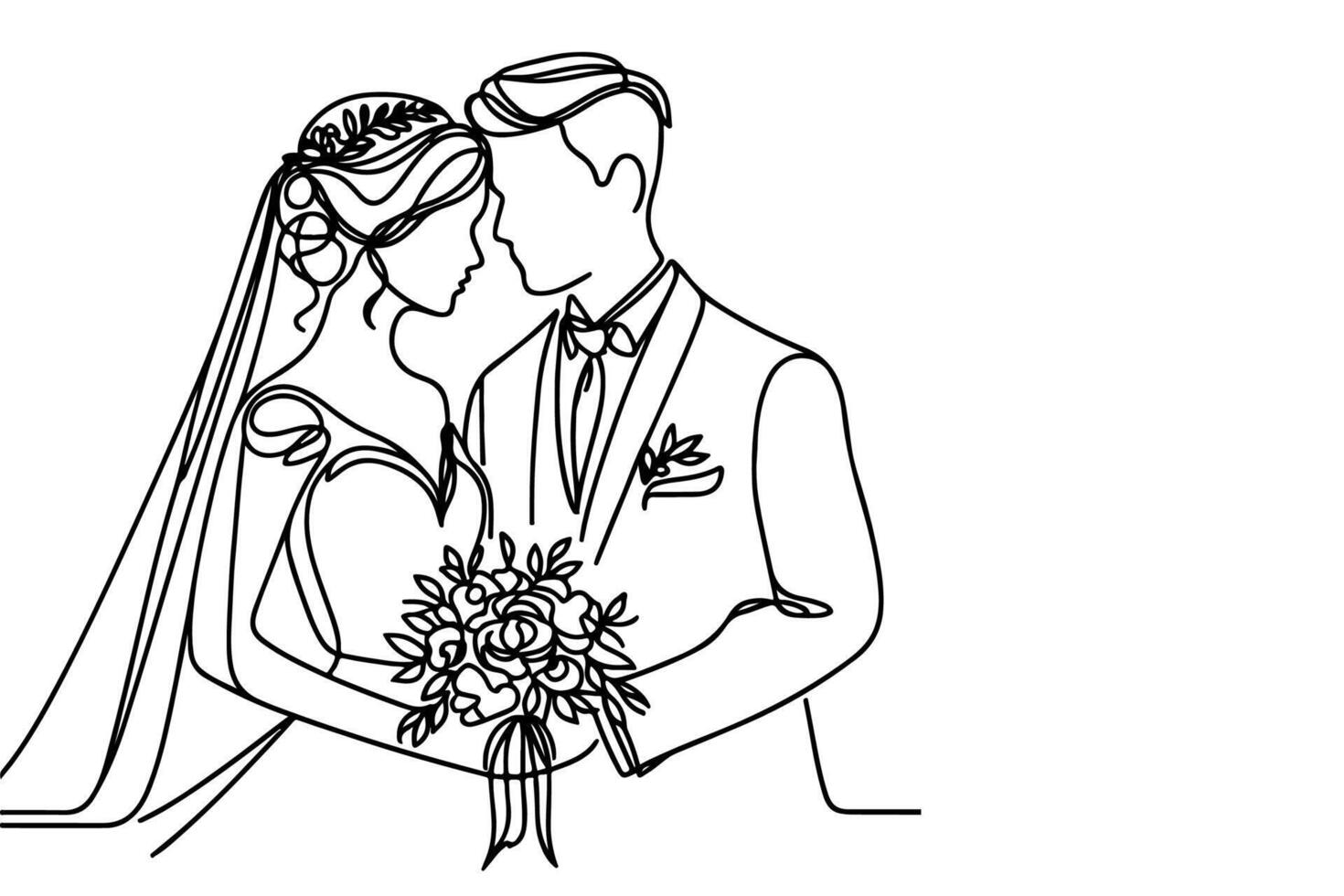 AI generated One continuous single drawing black line art doodle wedding couple bride and groom outlne vector illustration on white background