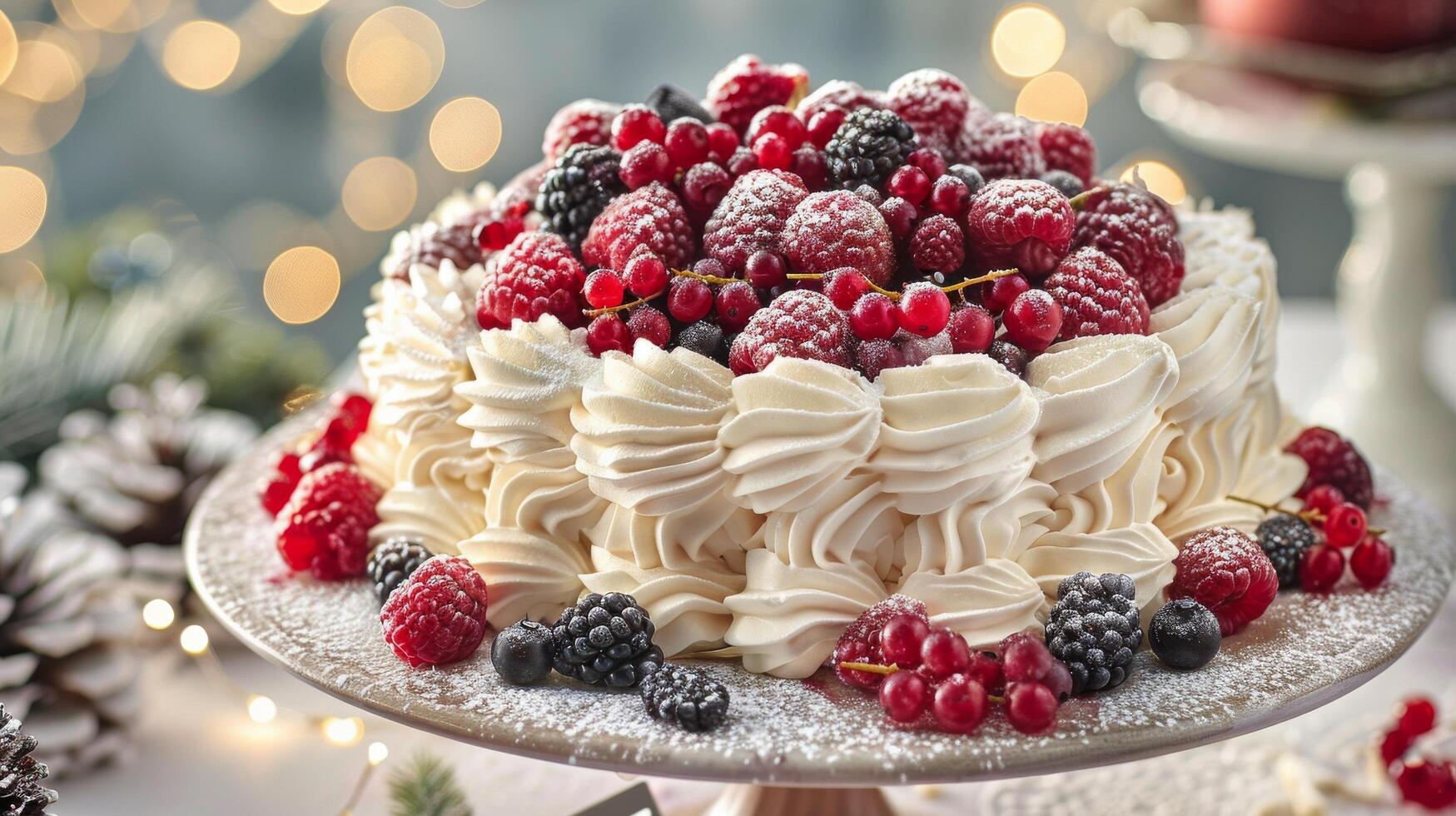 AI generated Decadent Berry and Cream Cake on Table photo