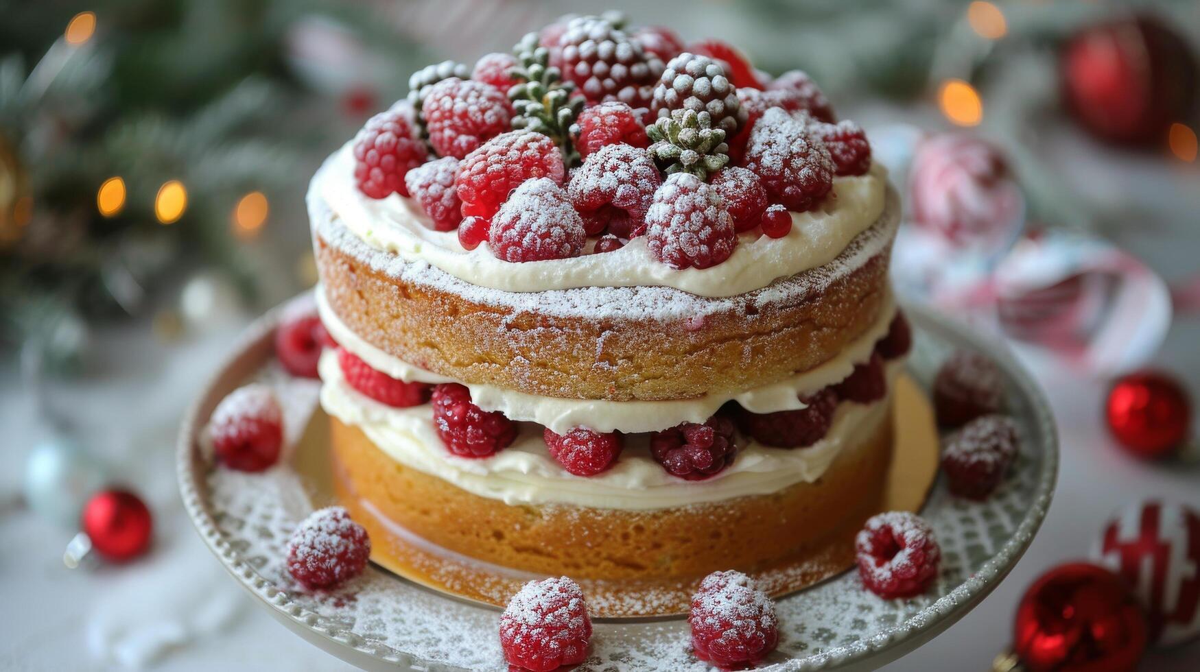 AI generated Decadent Berry and Cream Cake on Table photo