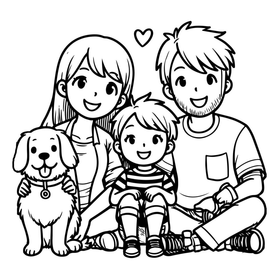 ai generado dibujo contento familia con perro dibujos animados personaje garabatear vector ilustración en blanco antecedentes