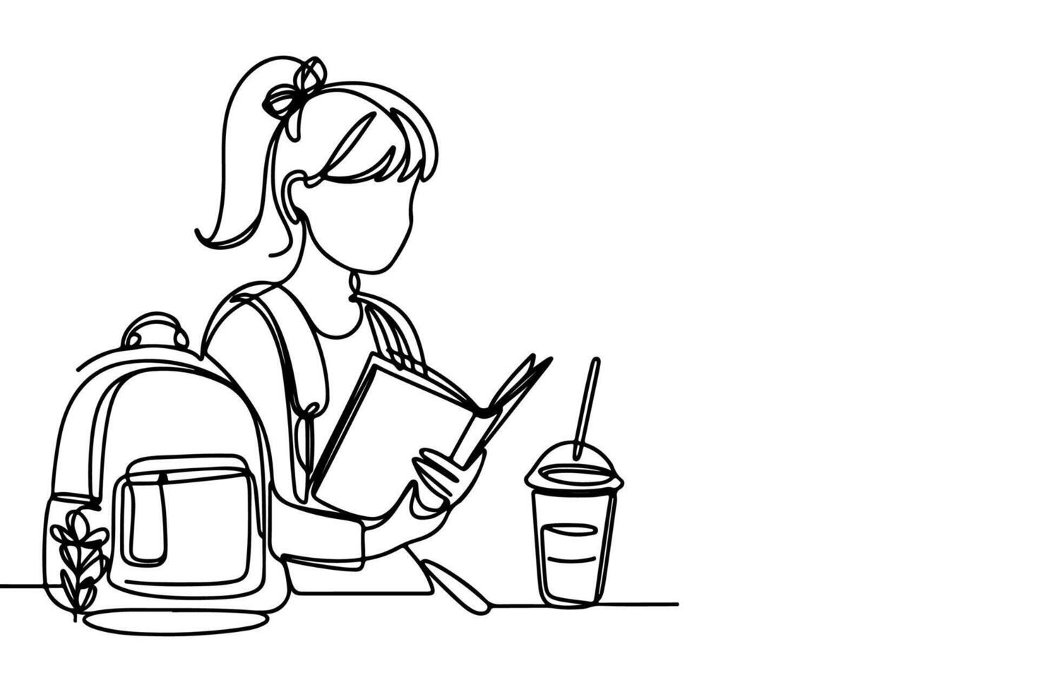 AI generated one continuous black line drawing young school girl with a backpack and carrying book Back to school concept outline doodle vector illustration on white background