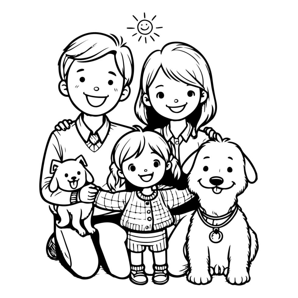 ai generado dibujo contento familia con perro dibujos animados personaje garabatear vector ilustración en blanco antecedentes