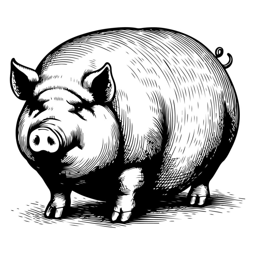 ai generado mano dibujar negro bosquejo grande grasa cerdo vector ilustración aislado en blanco antecedentes