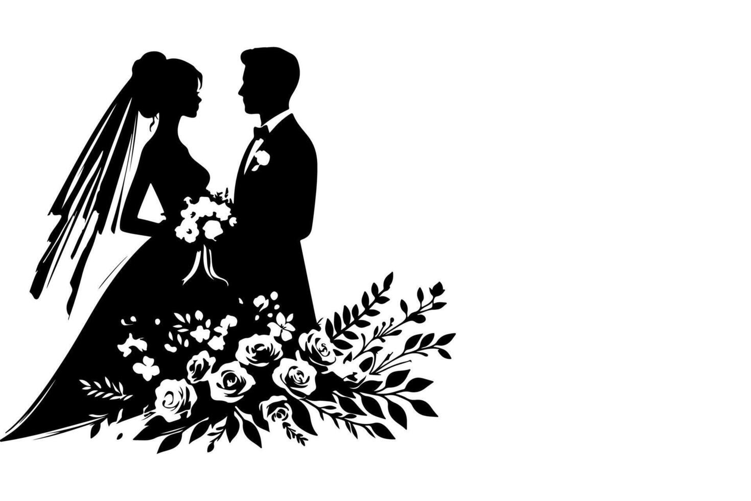 AI generated silhouette wedding couple bride and groom outlne vector illustration on white background