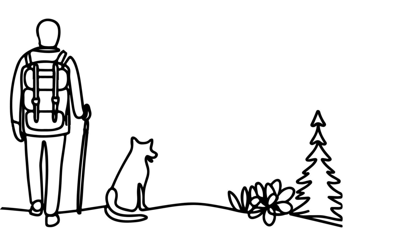 AI generated one continues black line drawing hiking man with back page at mountain landscape forest outline doodle horizontal vector illustration on white background