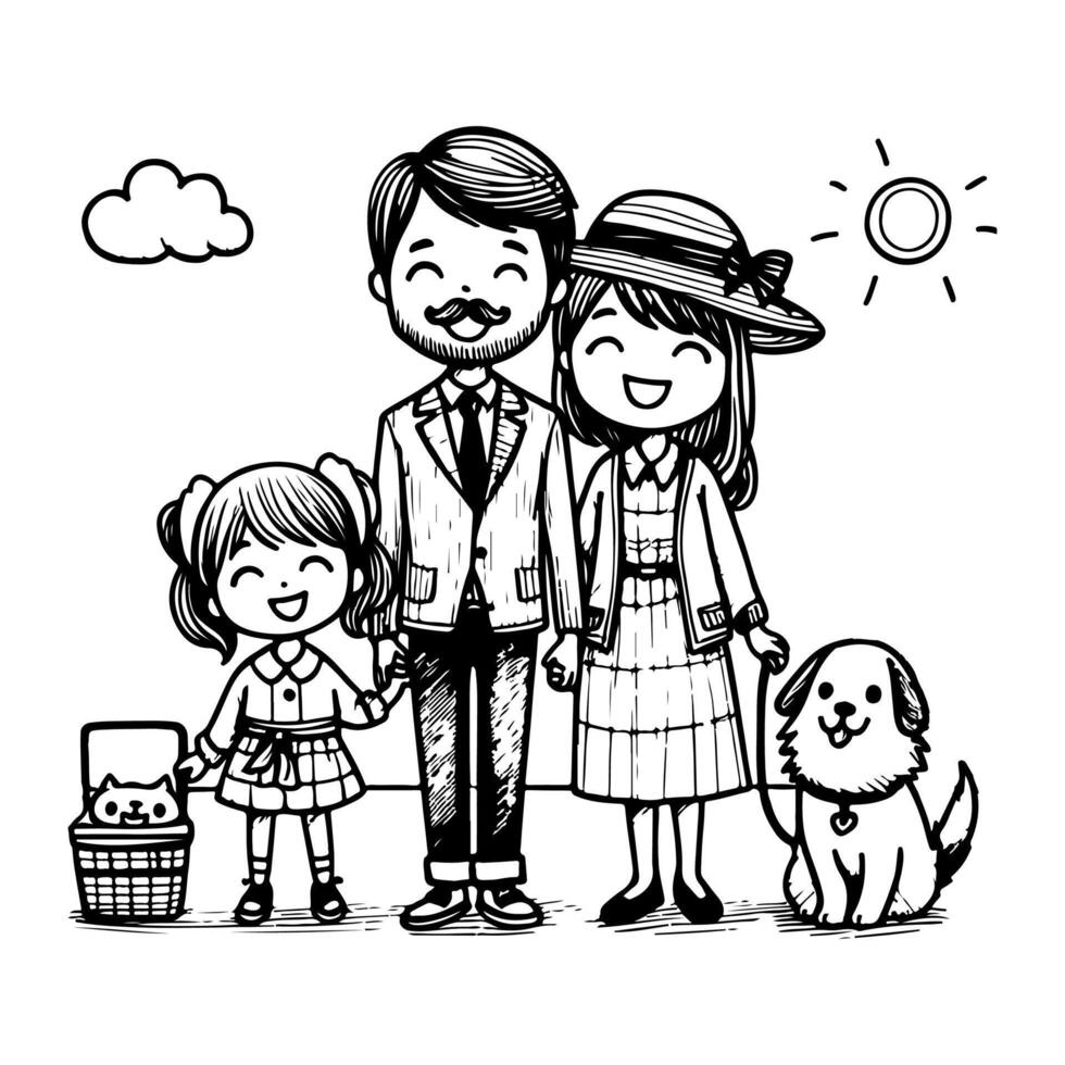 ai generado dibujo contento familia con perro dibujos animados personaje garabatear vector ilustración en blanco antecedentes