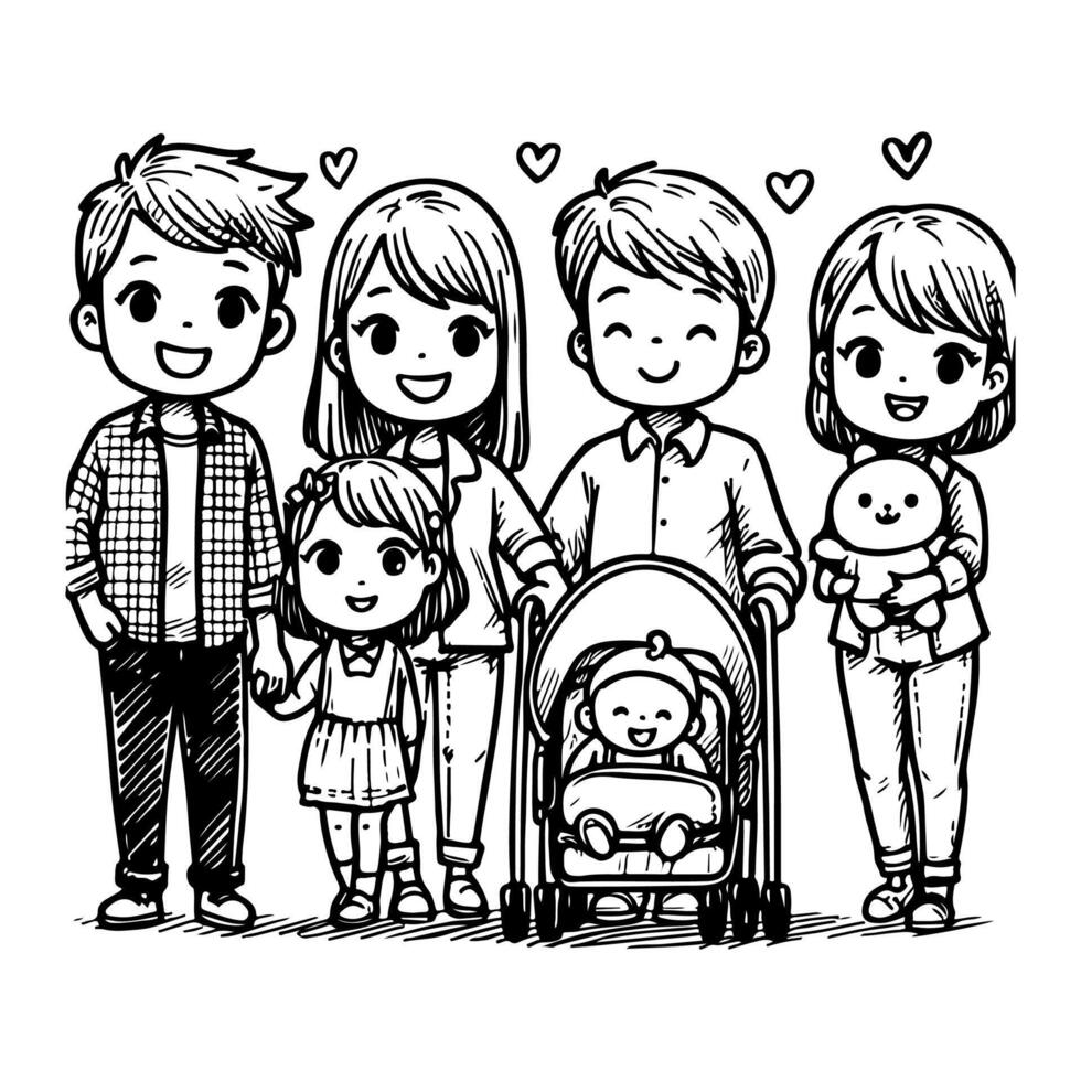 AI generated kid drawing happy family cartoon character outline doodle for coloring book page vector illustration on white background