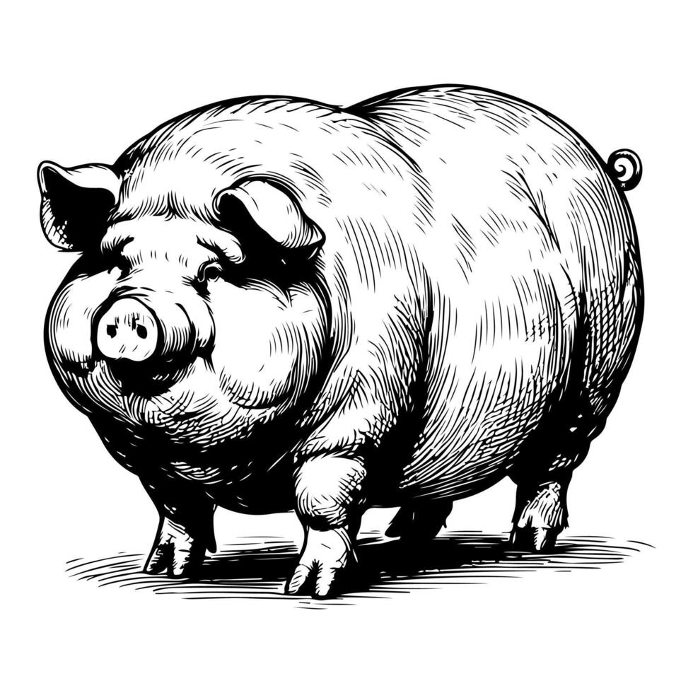 AI generated hand draw black sketch Big fat pig vector illustration isolated on white background
