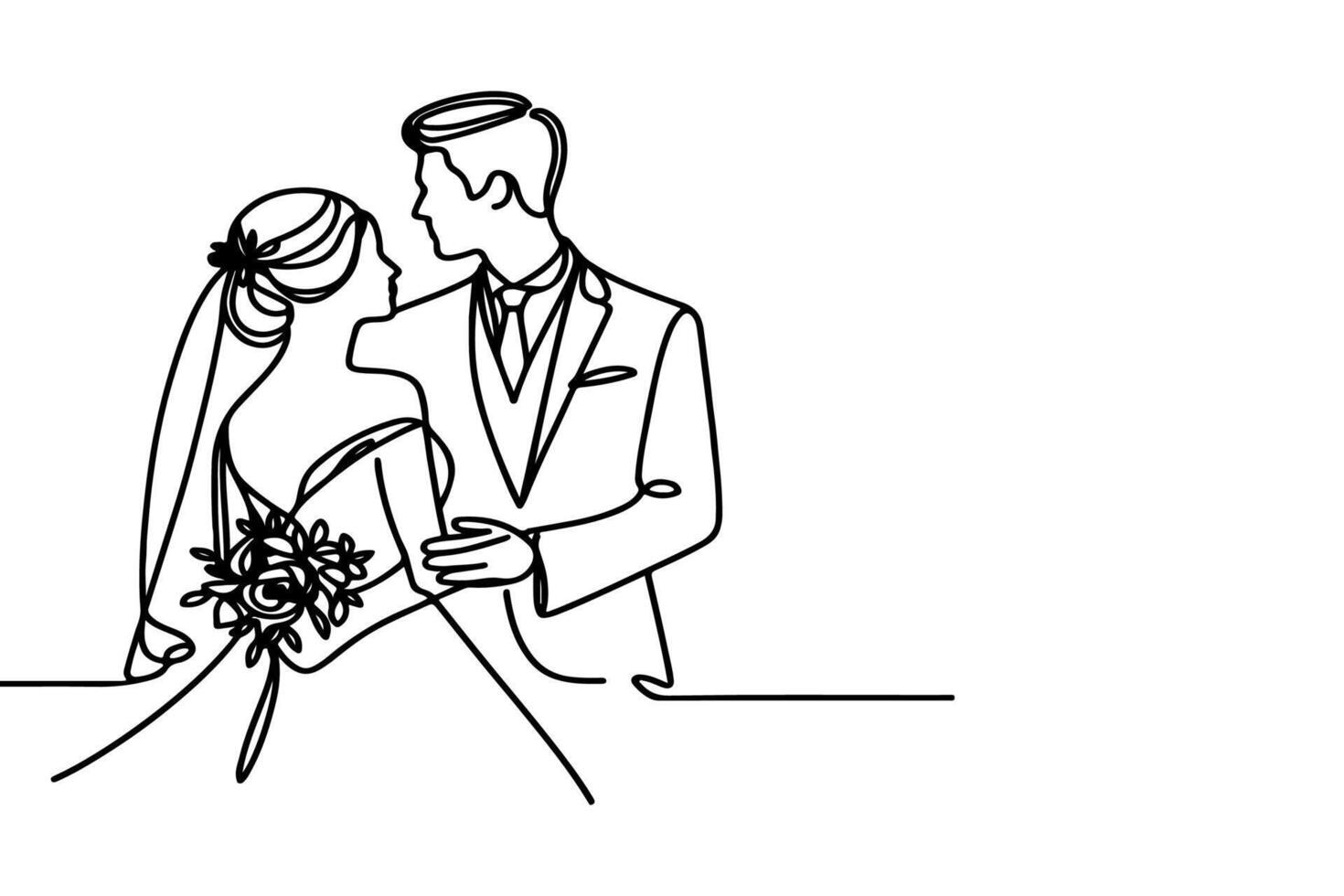 AI generated One continuous single drawing black line art doodle wedding couple bride and groom outlne vector illustration on white background
