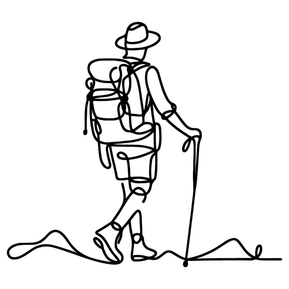 AI generated one continues black line drawing hiking man with back page at mountain landscape forest outline doodle vector illustration on white background