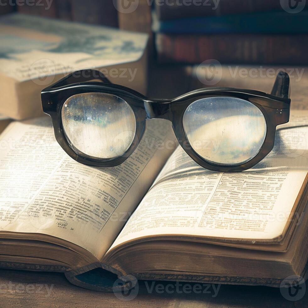 AI generated Vintage study vibes Close up of open book with eyeglasses For Social Media Post Size photo