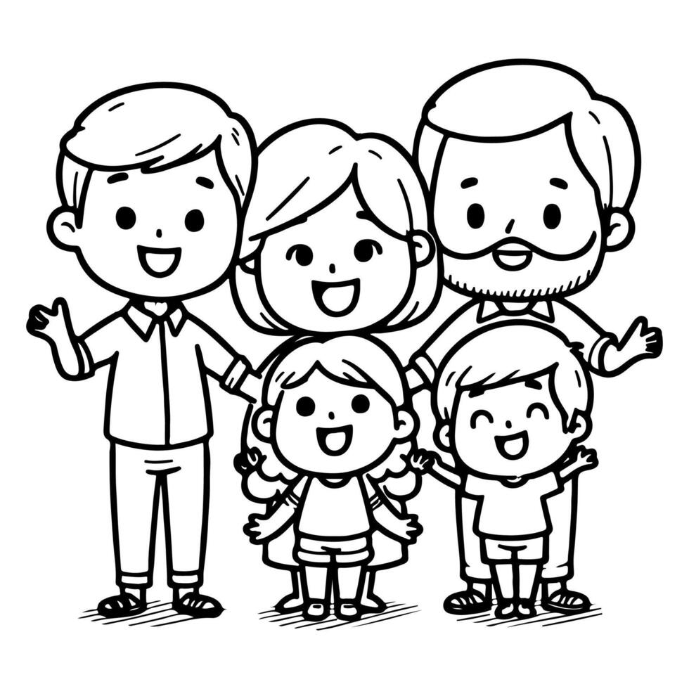 AI generated kid drawing happy family cartoon character outline doodle for coloring book page vector illustration on white background