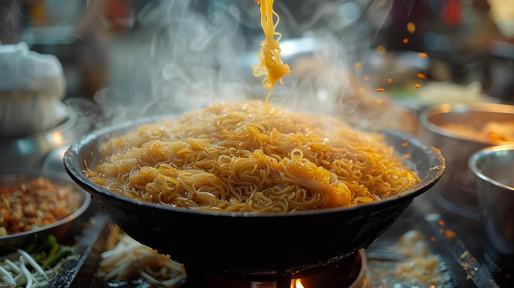 AI generated Noodles Being Cooked in a Pan on a Stove photo