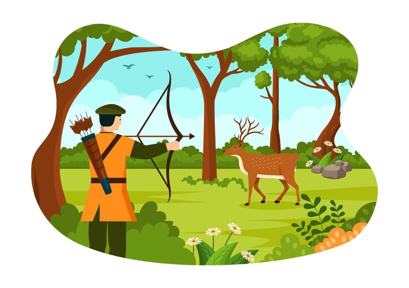 caza vector ilustración con cazador rifle o arma para disparo a aves o salvaje animales en el bosque en plano dibujos animados antecedentes diseño