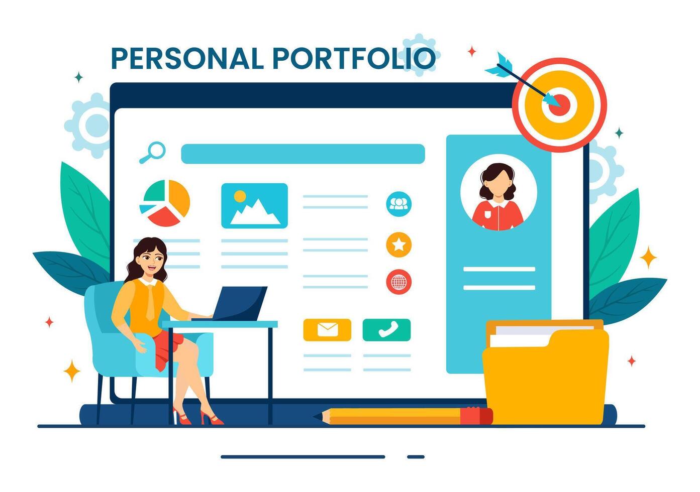 personal portafolio vector ilustración con perfil datos, currículum o yo mejora a atraer clientela y empleadores en plano dibujos animados antecedentes