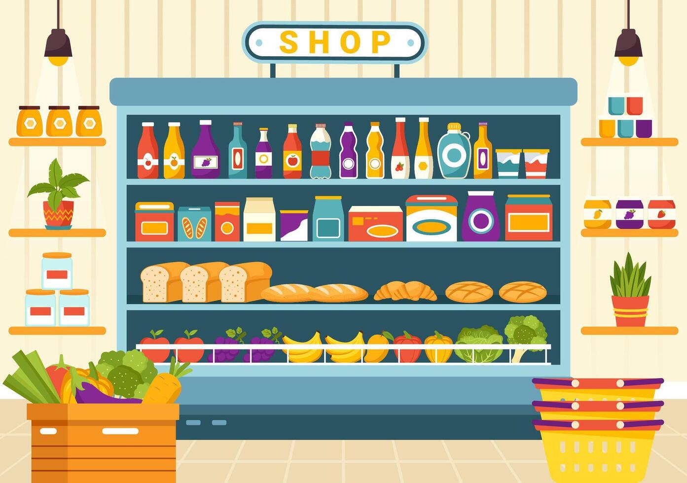 tienda de comestibles Tienda estante vector ilustración con comidas artículos y productos surtido en el supermercado para compras diario necesidades en plano antecedentes