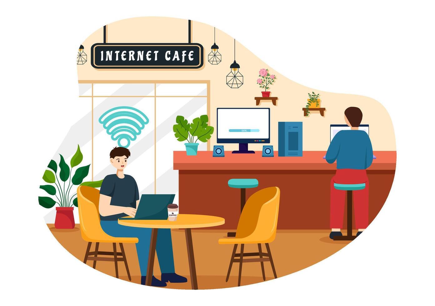 Internet café vector ilustración con edificio para joven personas jugando juegos, lugar de trabajo utilizar un computadora portátil, hablando y Bebiendo en plano antecedentes