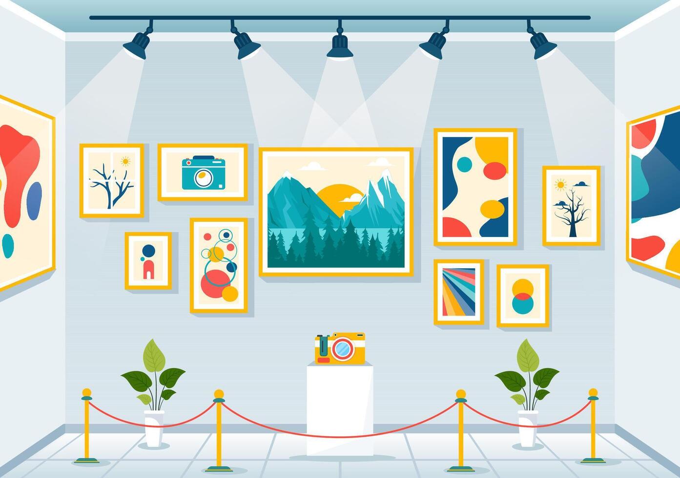 Photo Gallery Vector Illustration for Museum Visitors View Exhibition of Modern Abstract Paintings and Picture in Contemporary in Flat Background