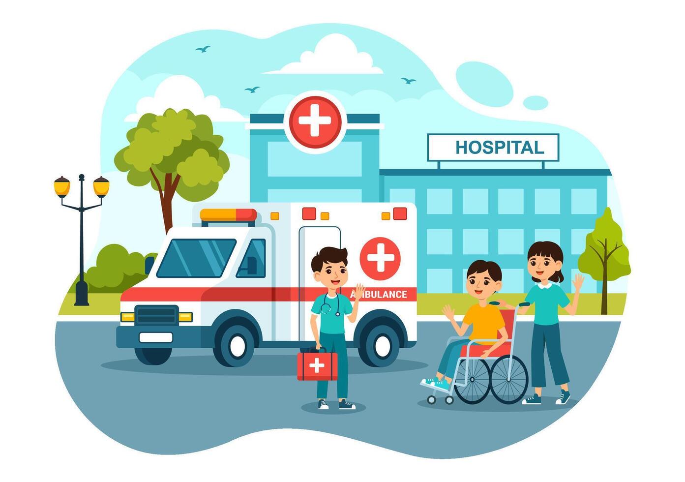 Medical Vehicle Ambulance Car or Emergency Service Vector Illustration for Pick Up Patient the Injured in an Accident in Flat Cartoon Background