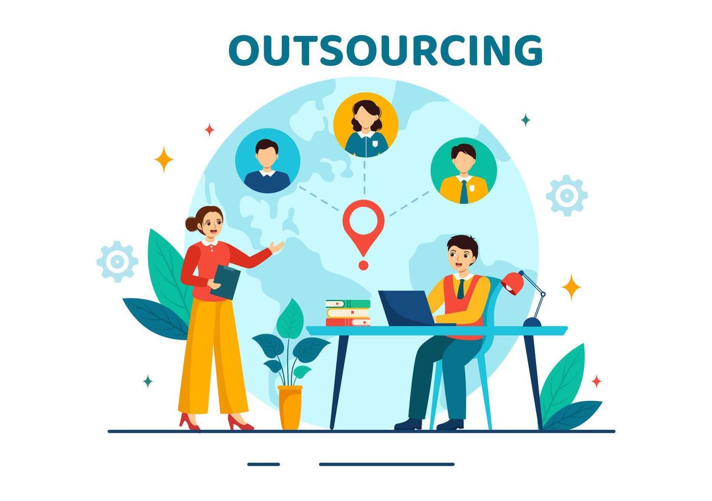 outsourcing negocio vector ilustración con idea de trabajo en equipo, empresa desarrollo, inversión y proyecto delegación en plano dibujos animados antecedentes