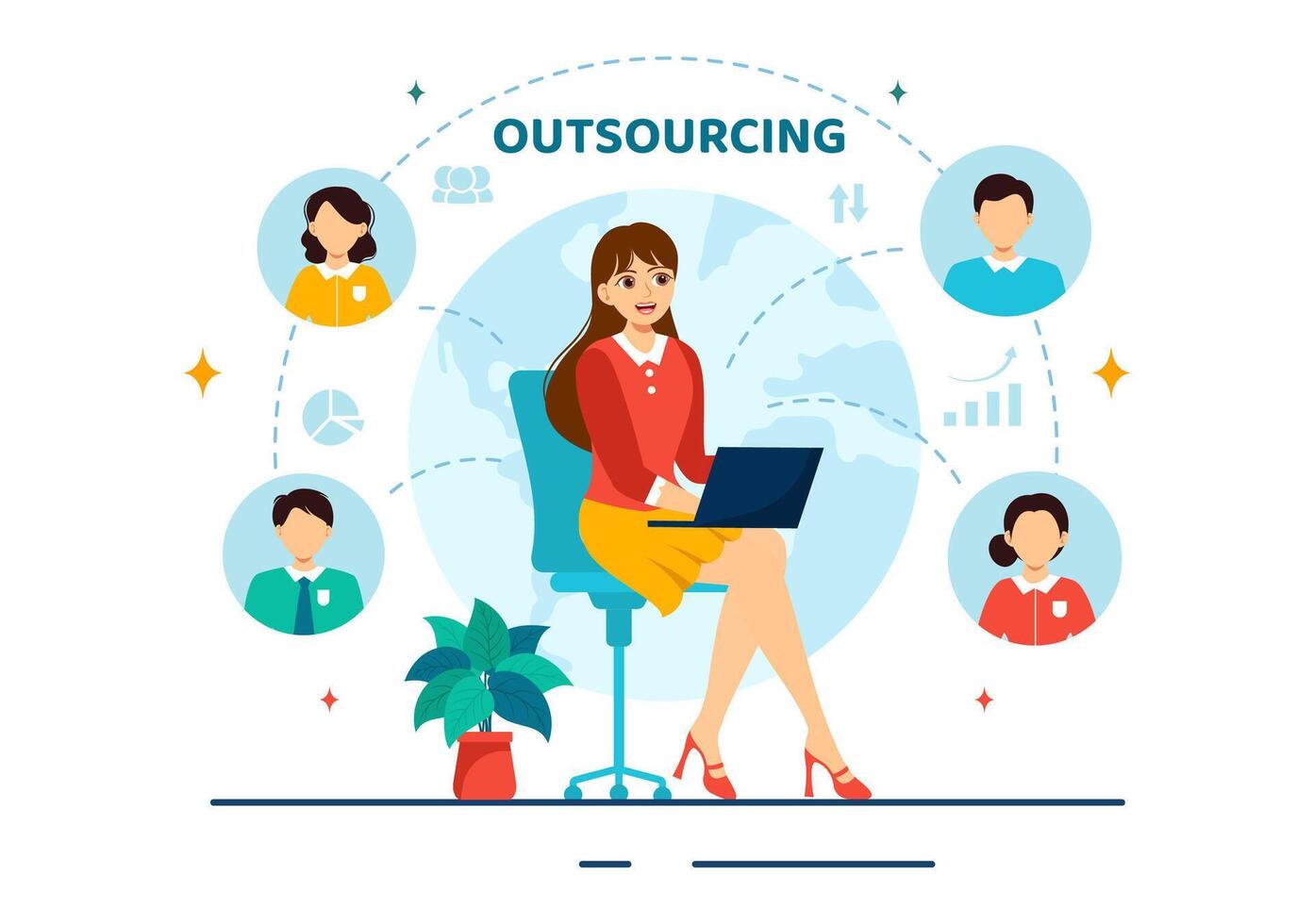 outsourcing negocio vector ilustración con idea de trabajo en equipo, empresa desarrollo, inversión y proyecto delegación en plano dibujos animados antecedentes