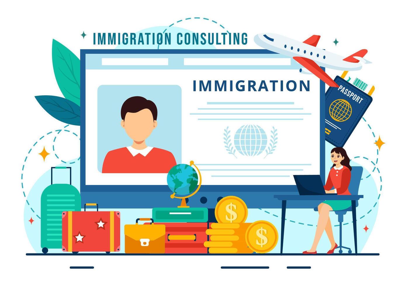 inmigración consultor vector ilustración con asesoramiento asistencia para proporcionar Consejo a personas quien será hacer el moverse en plano antecedentes