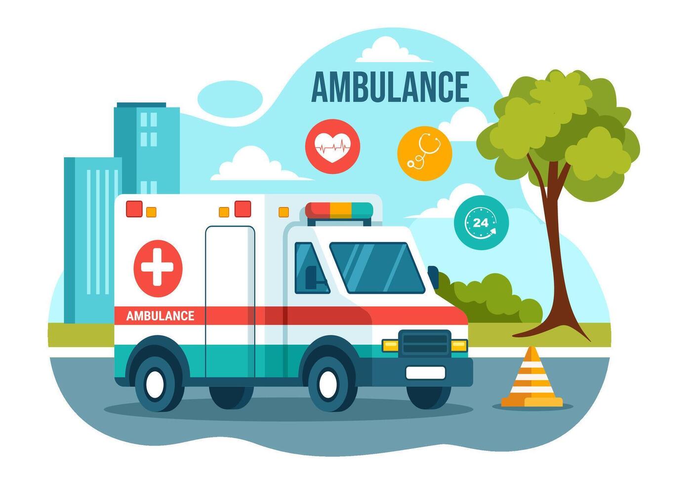 Medical Vehicle Ambulance Car or Emergency Service Vector Illustration for Pick Up Patient the Injured in an Accident in Flat Cartoon Background