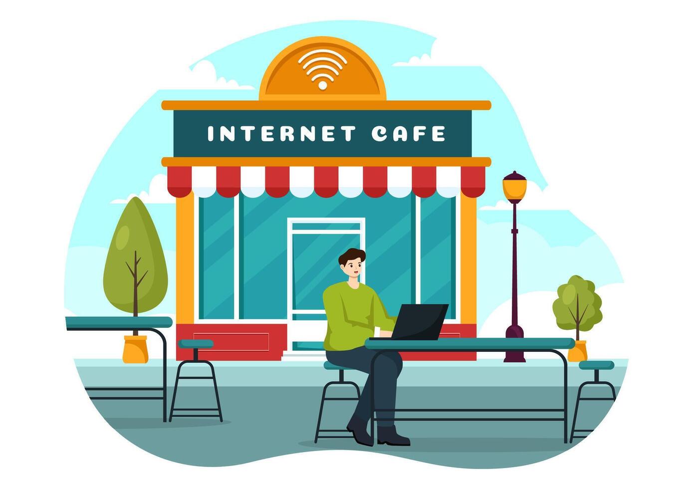 Internet café vector ilustración con edificio para joven personas jugando juegos, lugar de trabajo utilizar un computadora portátil, hablando y Bebiendo en plano antecedentes