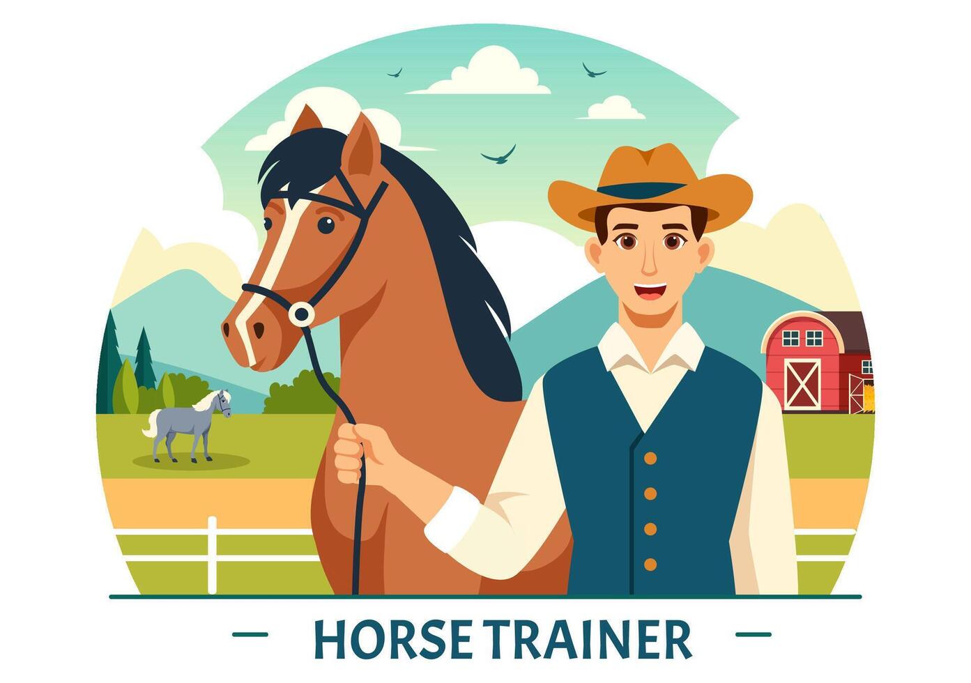 ecuestre deporte caballo entrenador vector ilustración con capacitación, montando lecciones y corriendo caballos en plano dibujos animados antecedentes diseño