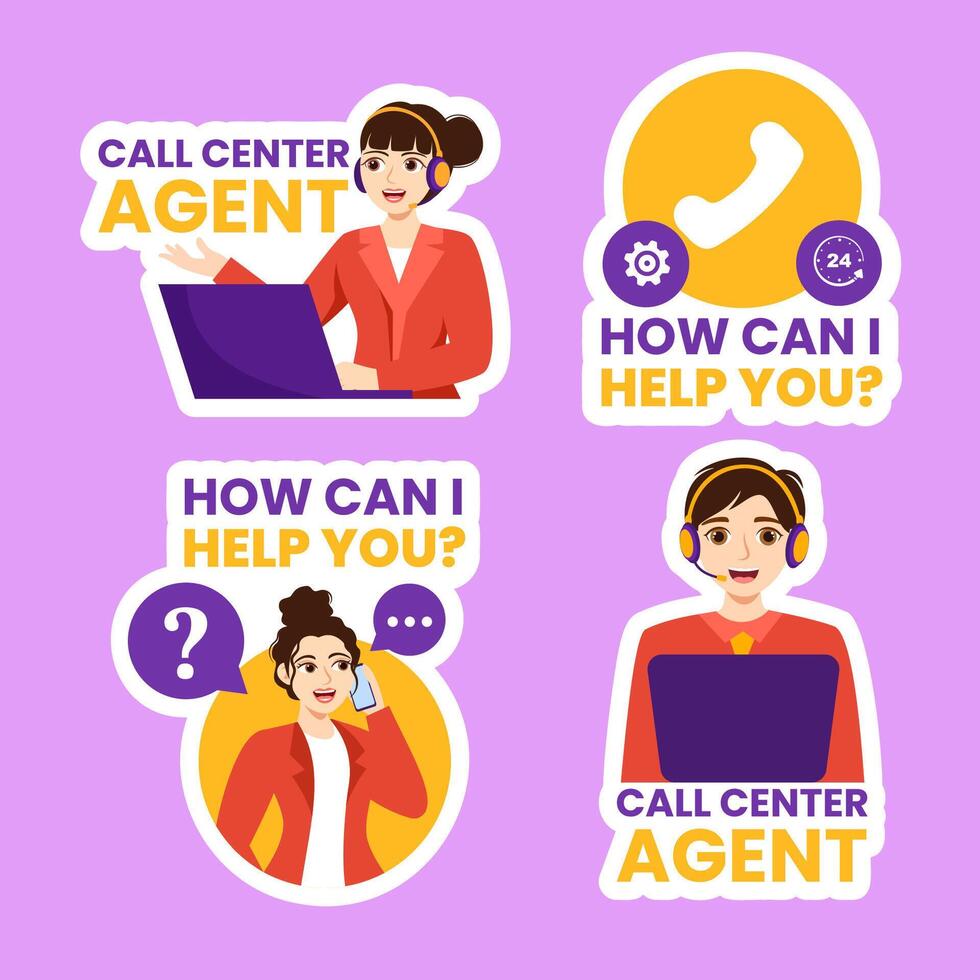 Call Center Agent Label Flat Cartoon Hand Drawn Templates Background Illustration vector