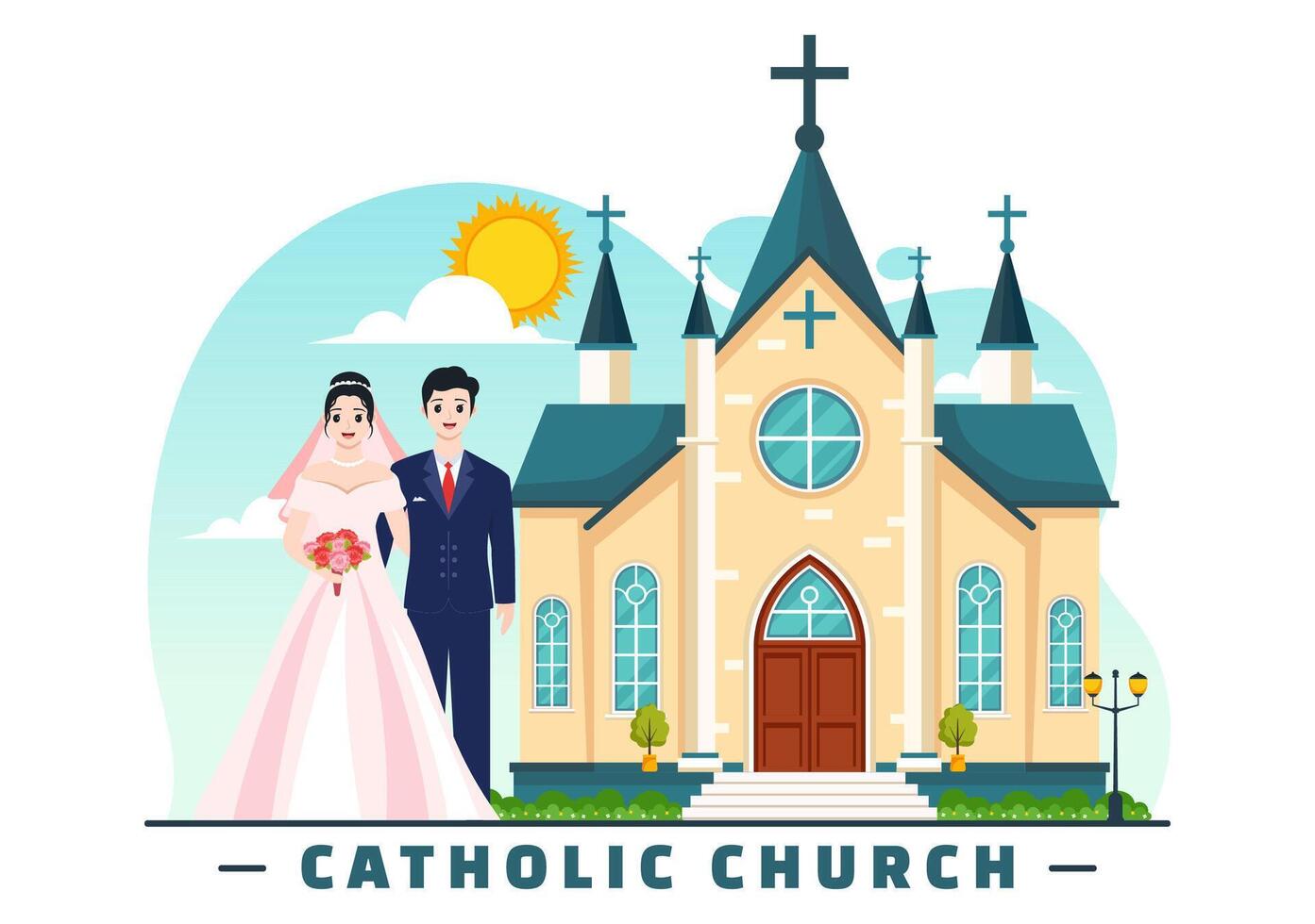 Catholic Church Cathedral as a Sacred Place for Weddings Flat Cartoon Background Vector Illustration