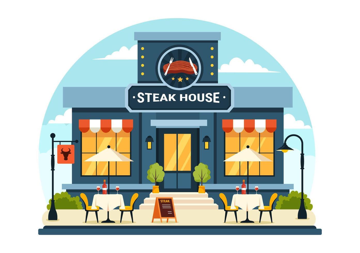 Steakhouse Vector Illustration with Restaurant that Provides Grilled Meat with Juicy Delicious Steak, Salad and Tomatoes for Barbecue in Background