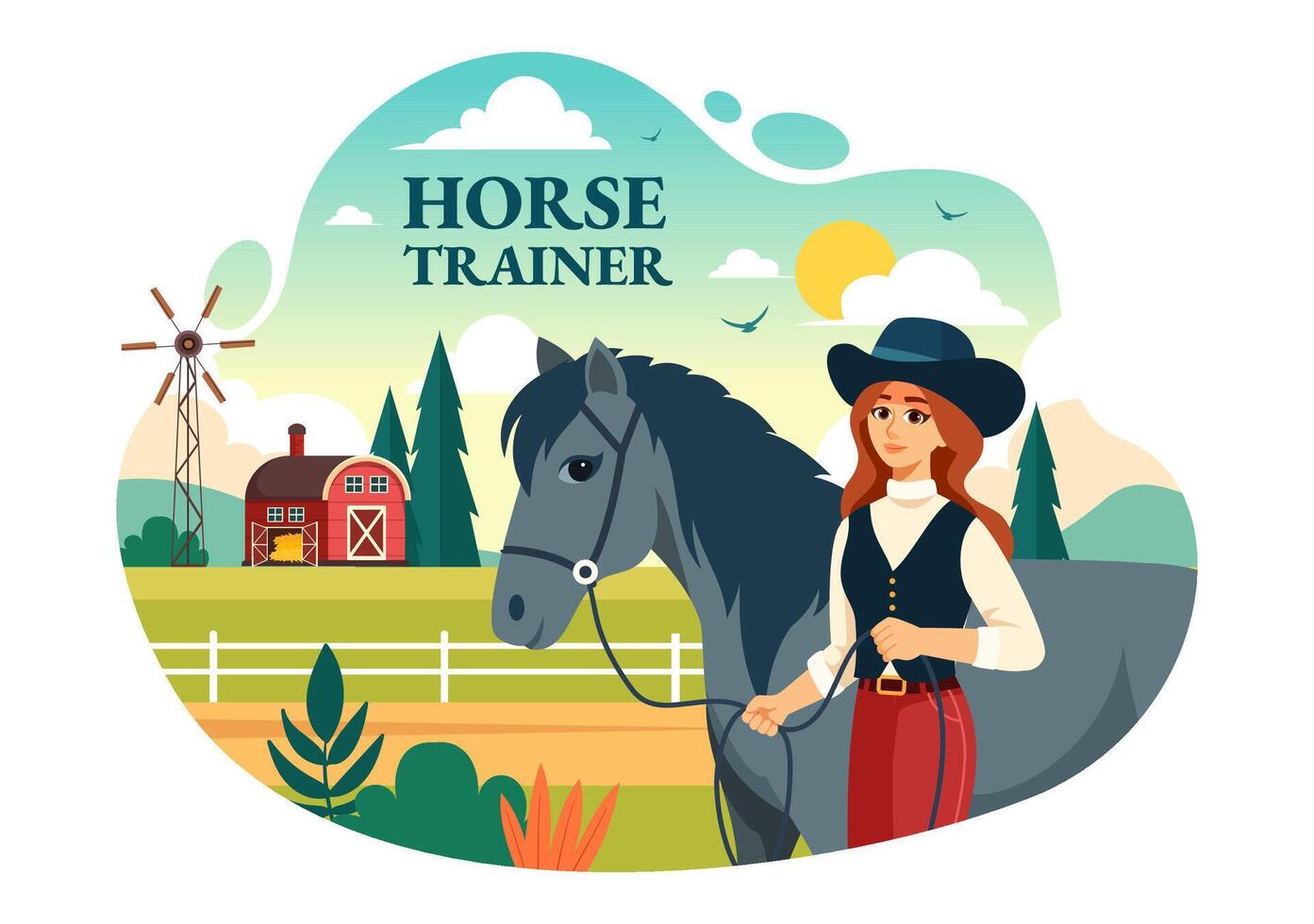 ecuestre deporte caballo entrenador vector ilustración con capacitación, montando lecciones y corriendo caballos en plano dibujos animados antecedentes diseño
