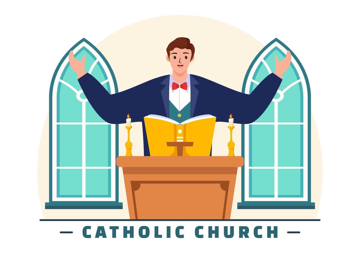 Cathedral Catholic Church Building Vector Illustration With Architecture, Medieval and Modern Churches Interior Design in Flat Cartoon Background