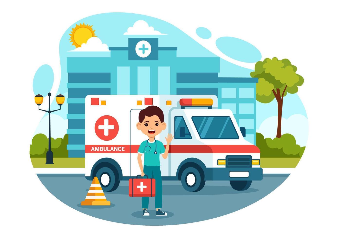 Medical Vehicle Ambulance Car or Emergency Service Vector Illustration for Pick Up Patient the Injured in an Accident in Flat Cartoon Background